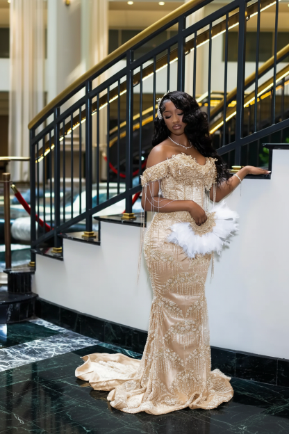 Luxury Glacial Silver Beaded Prom Dress – Crystal Fringe Mermaid Gown with Feather Accents | 2026 Couture Evening Collection