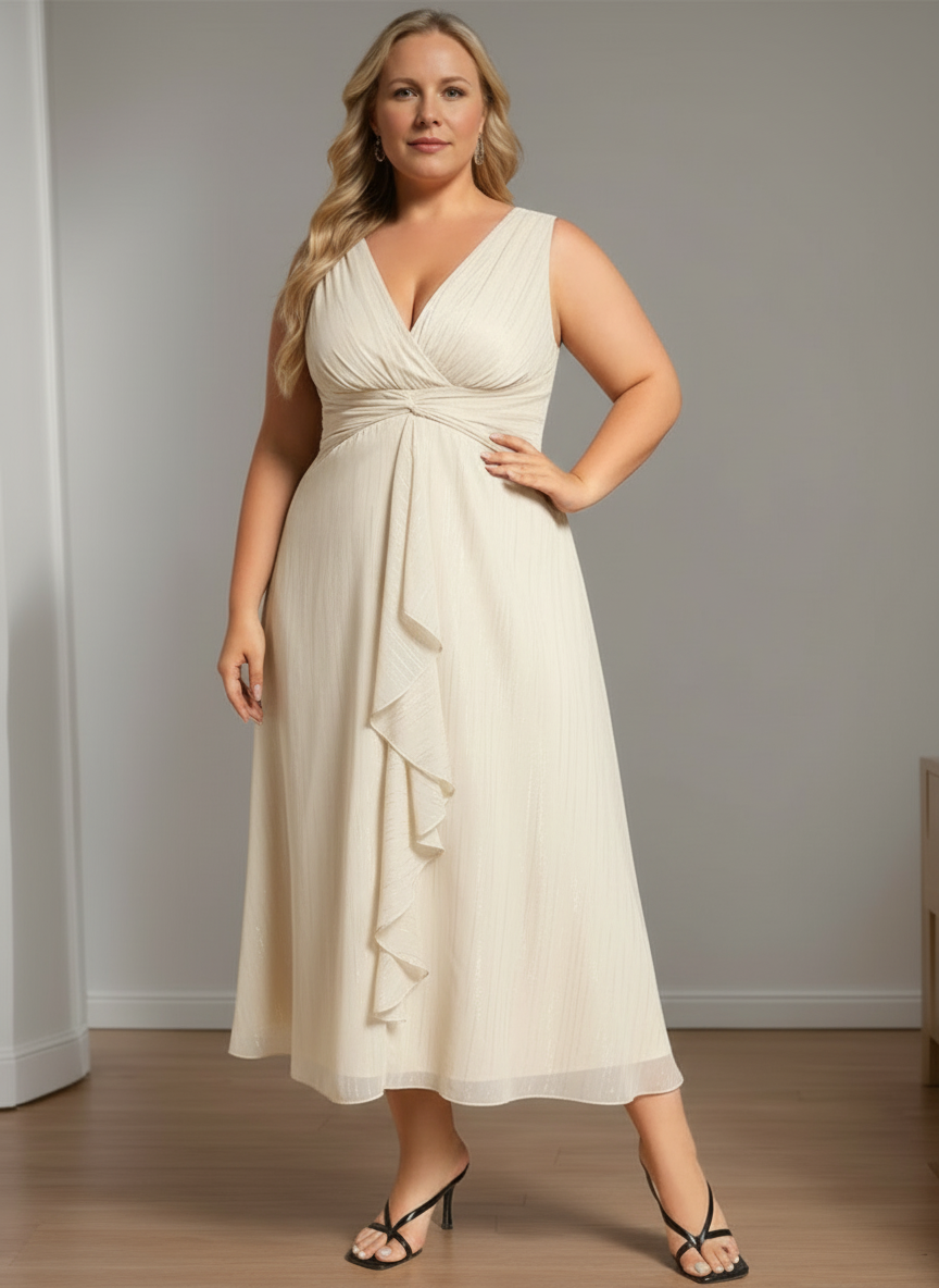 Pure Color Tea-Length Mother of the Bride Dress with V-Neck and A-Line Silhouette