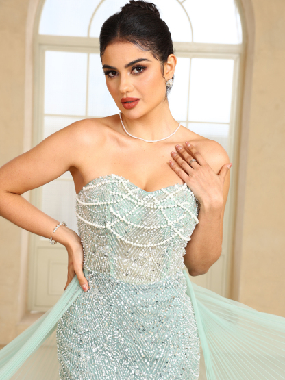 BMbridal Sparkling Strapless Mermaid Gown with High - Slit and Tulle Train: A Showstopper for Special Occasions