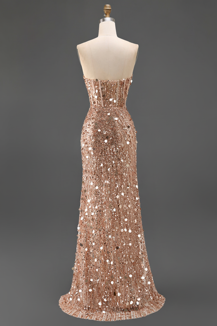 Sparkly Pink Mermaid Strapless Corset Long Sequins Prom Dress with Slit