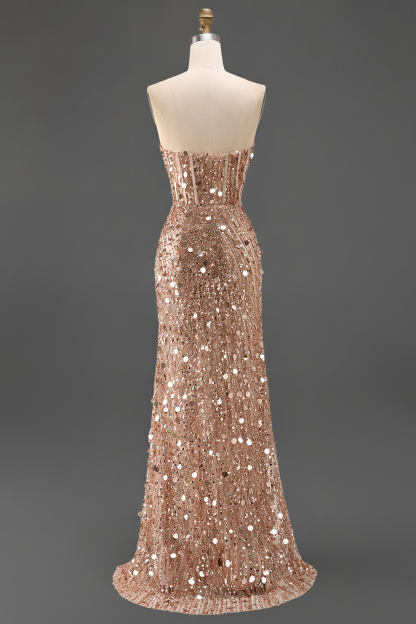 Sparkly Pink Mermaid Strapless Corset Long Sequins Prom Dress with Slit