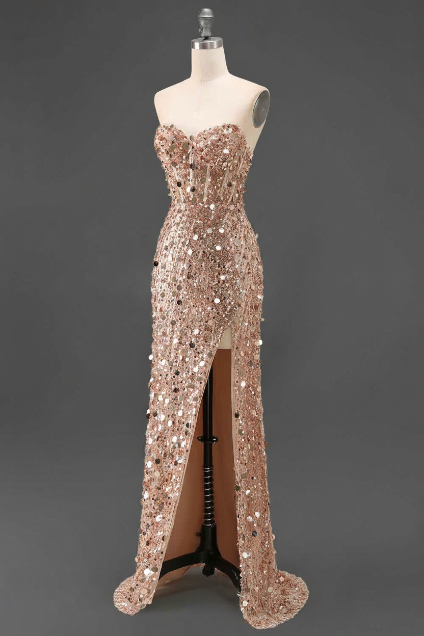 Sparkly Pink Mermaid Strapless Corset Long Sequins Prom Dress with Slit