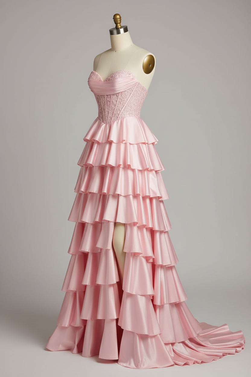 Strapless gown with lace corset bodice and stretch satin ruffle skirt with slit prom dress