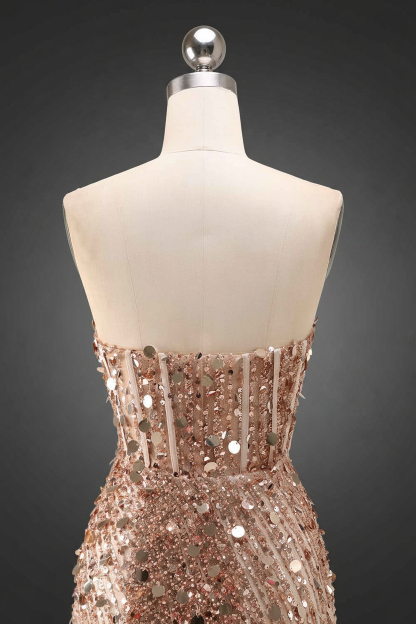 Sparkly Pink Mermaid Strapless Corset Long Sequins Prom Dress with Slit