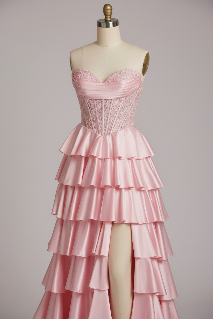 Strapless gown with lace corset bodice and stretch satin ruffle skirt with slit prom dress