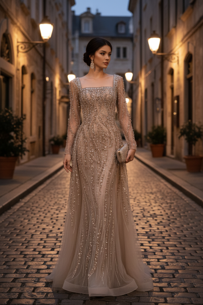 Square Neck Long Sleeves Long Mermaid Prom Dress With Beading Tulle