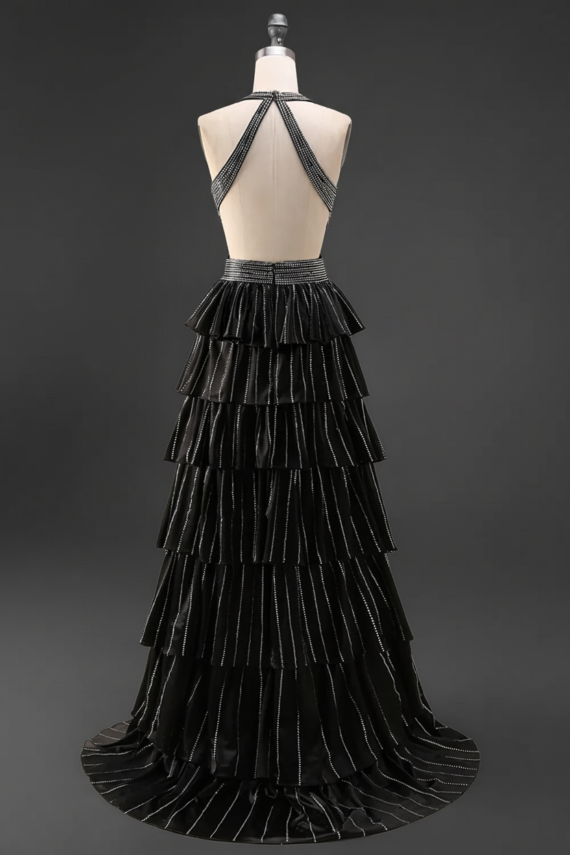 Black Sparkly A Line Beaded Long Corset Prom Dress with Slit