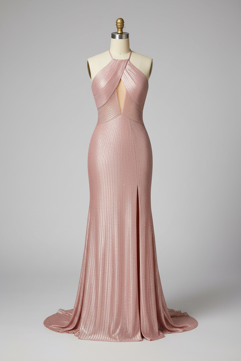 Metallic Pink Halter Neck Mermaid Prom Dress with Open Back and High Slit