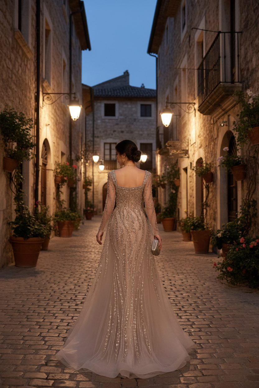 Square Neck Long Sleeves Long Mermaid Prom Dress With Beading Tulle