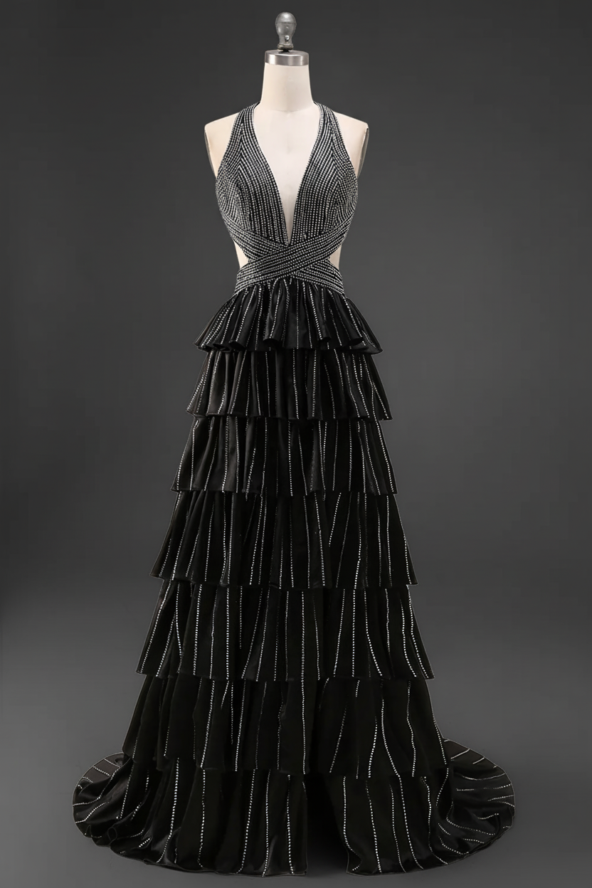 Black Sparkly A Line Beaded Long Corset Prom Dress with Slit