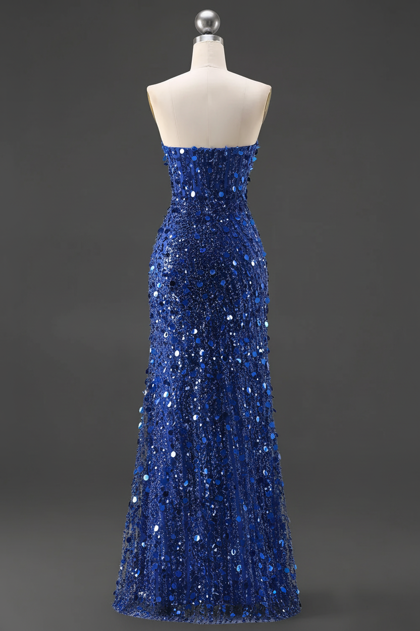 Sparkly Pink Mermaid Strapless Corset Long Sequins Prom Dress with Slit