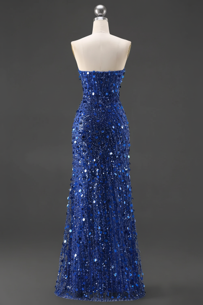 Sparkly Pink Mermaid Strapless Corset Long Sequins Prom Dress with Slit