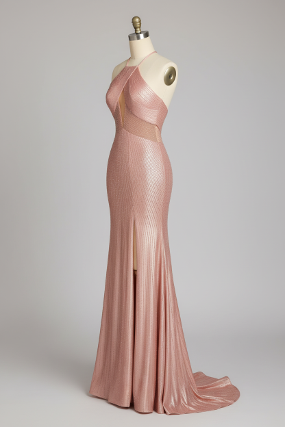 Metallic Pink Halter Neck Mermaid Prom Dress with Open Back and High Slit