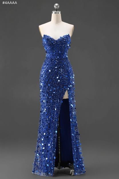 Sparkly Pink Mermaid Strapless Corset Long Sequins Prom Dress with Slit