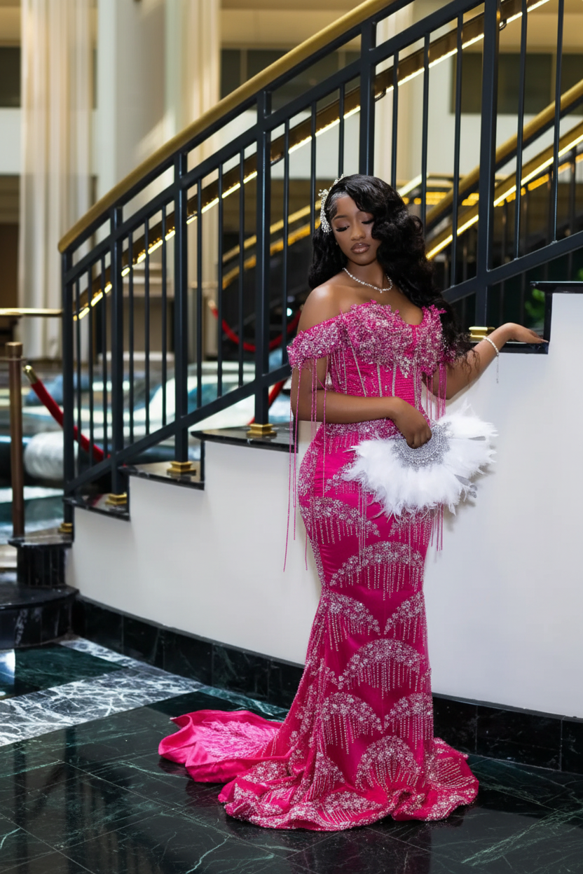 Luxury Glacial Silver Beaded Prom Dress – Crystal Fringe Mermaid Gown with Feather Accents | 2026 Couture Evening Collection