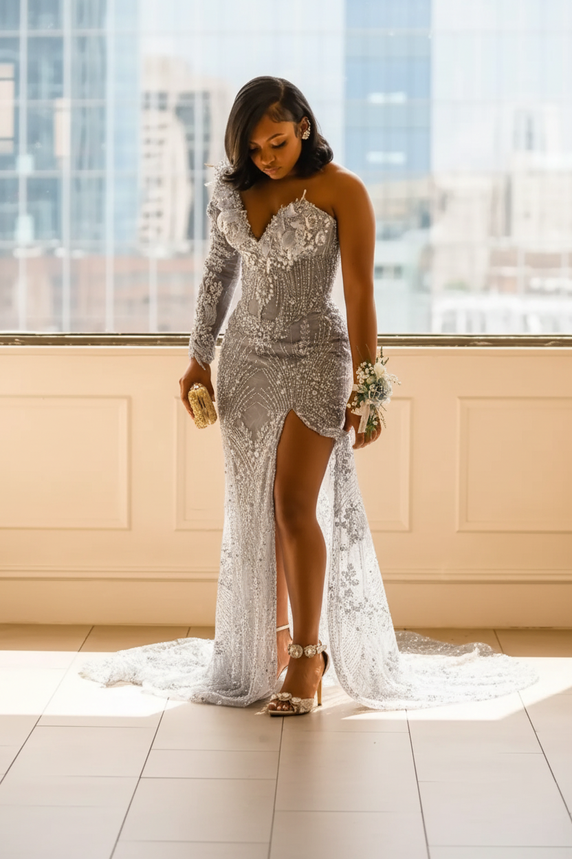 Luxury One-Shoulder Gold Mermaid Prom Dress – 3D Floral Illusion Bodice with Crystal Beading & High Slit | 2026 Couture Evening Collection