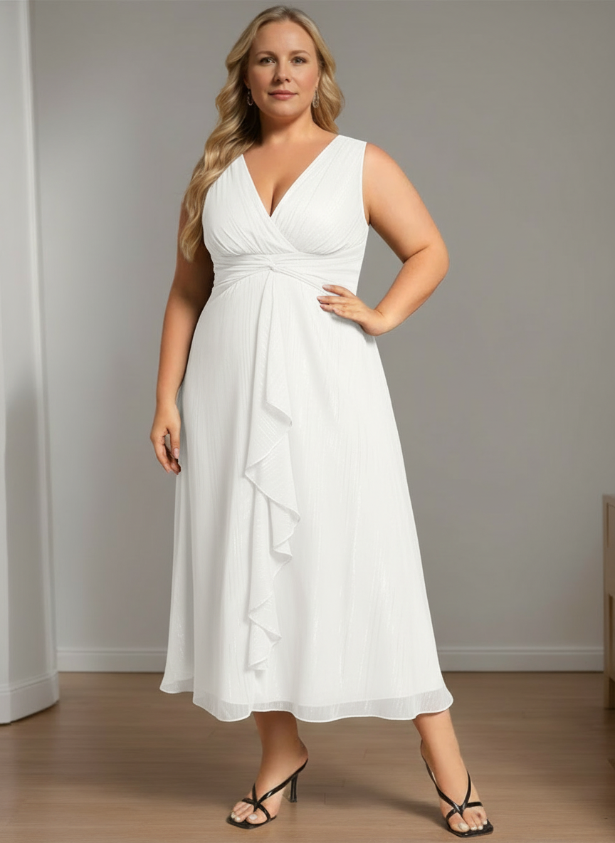 Pure Color Tea-Length Mother of the Bride Dress with V-Neck and A-Line Silhouette