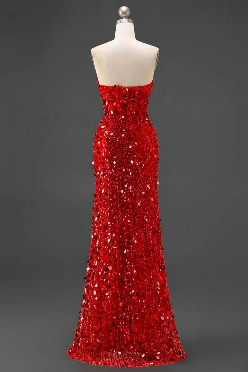 Sparkly Pink Mermaid Strapless Corset Long Sequins Prom Dress with Slit