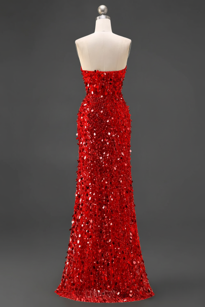 Sparkly Pink Mermaid Strapless Corset Long Sequins Prom Dress with Slit