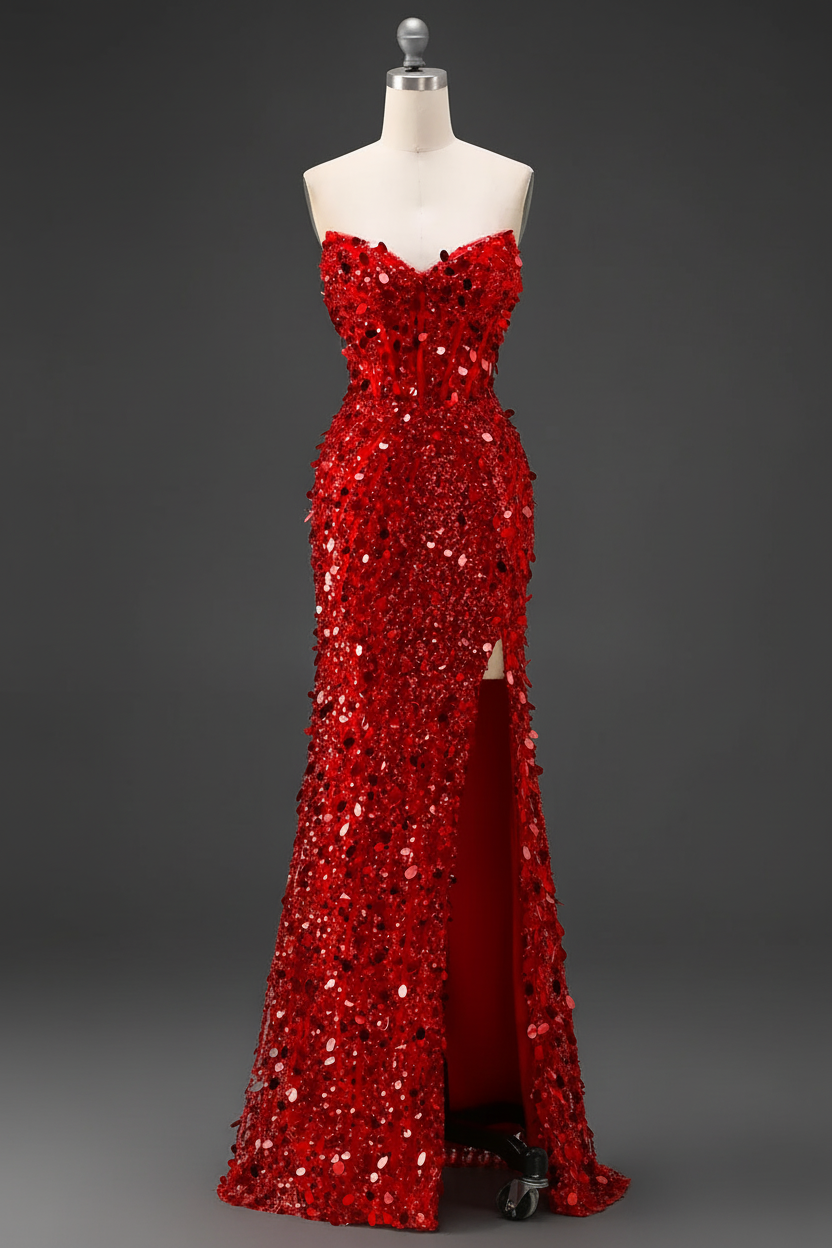 Sparkly Pink Mermaid Strapless Corset Long Sequins Prom Dress with Slit