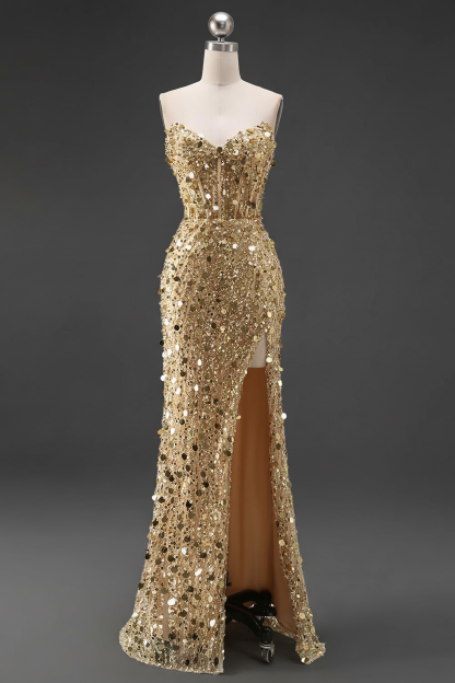 Sparkly Pink Mermaid Strapless Corset Long Sequins Prom Dress with Slit