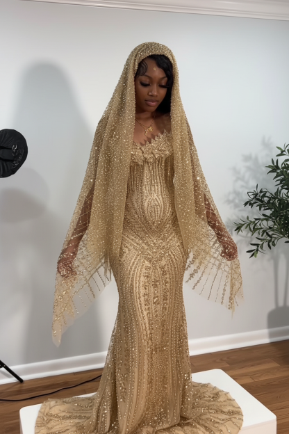 The Ruby Heiress - 2026 Hand-Beaded Crimson Mermaid Gown with Matching Crystal-Encrusted Hooded Veil