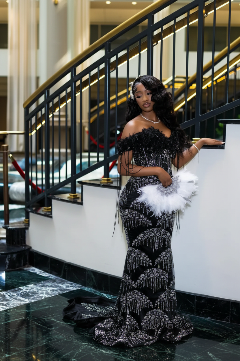 Luxury Glacial Silver Beaded Prom Dress – Crystal Fringe Mermaid Gown with Feather Accents | 2026 Couture Evening Collection