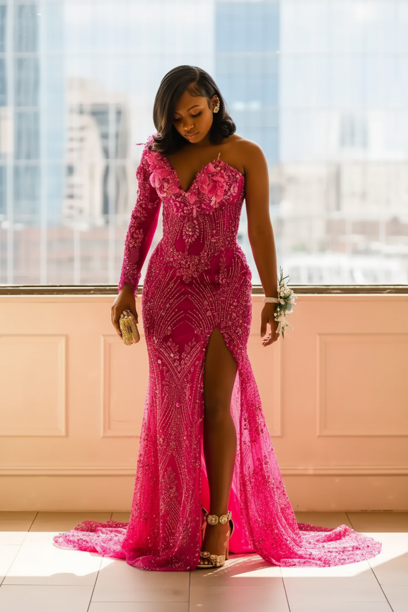 Luxury One-Shoulder Gold Mermaid Prom Dress – 3D Floral Illusion Bodice with Crystal Beading & High Slit | 2026 Couture Evening Collection