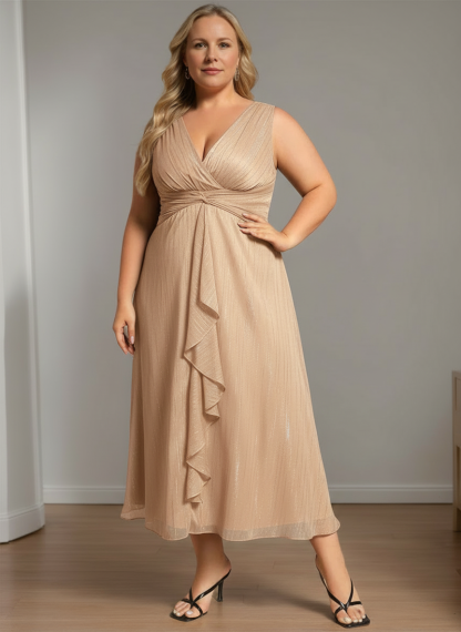 Pure Color Tea-Length Mother of the Bride Dress with V-Neck and A-Line Silhouette