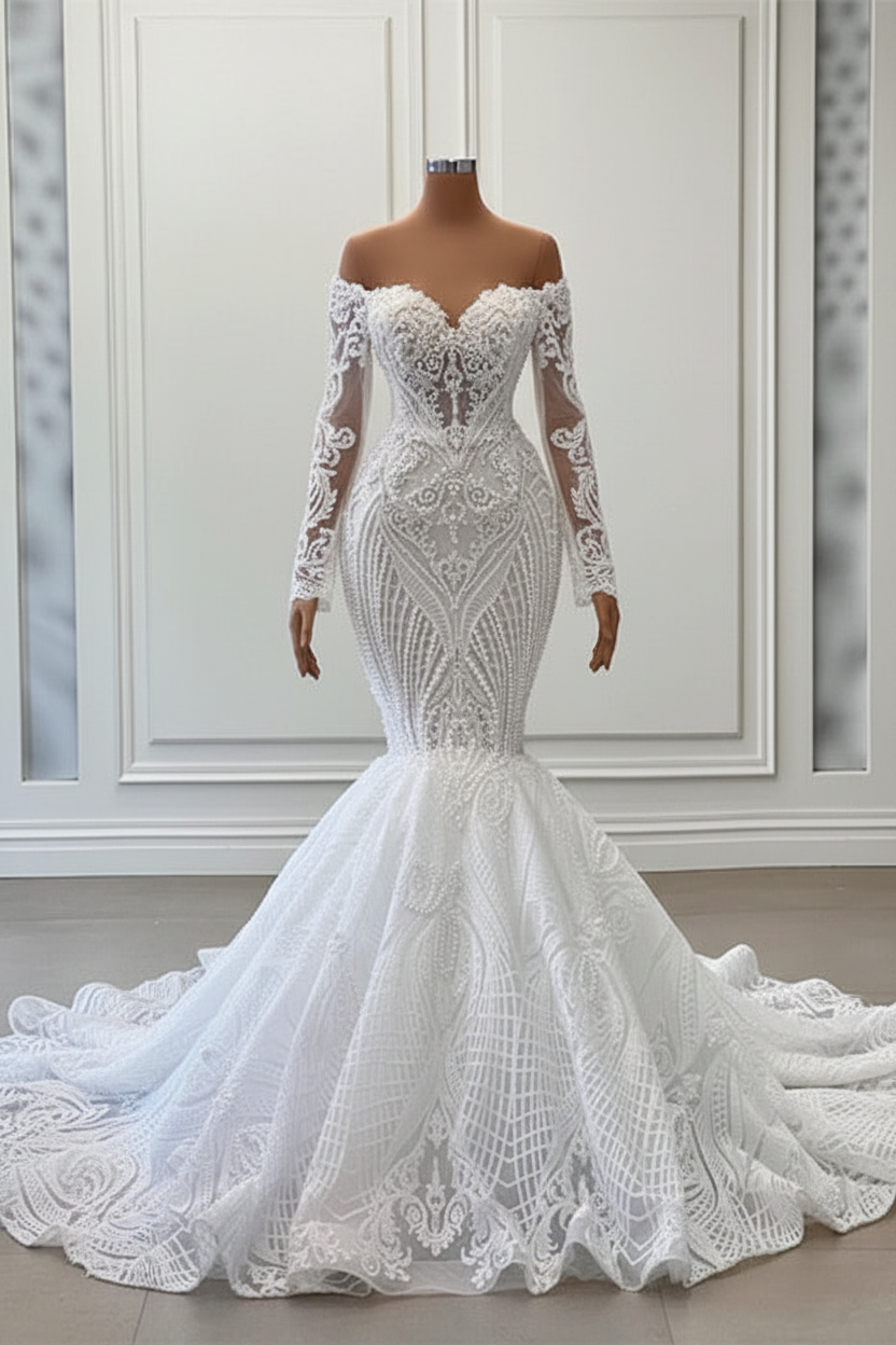 Charming long sleeve Spaghetti Mermaid Wedding Dress with Ruffles