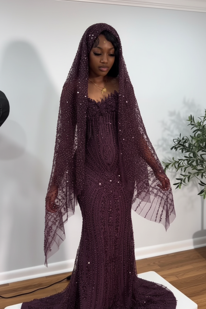 The Ruby Heiress - 2026 Hand-Beaded Crimson Mermaid Gown with Matching Crystal-Encrusted Hooded Veil