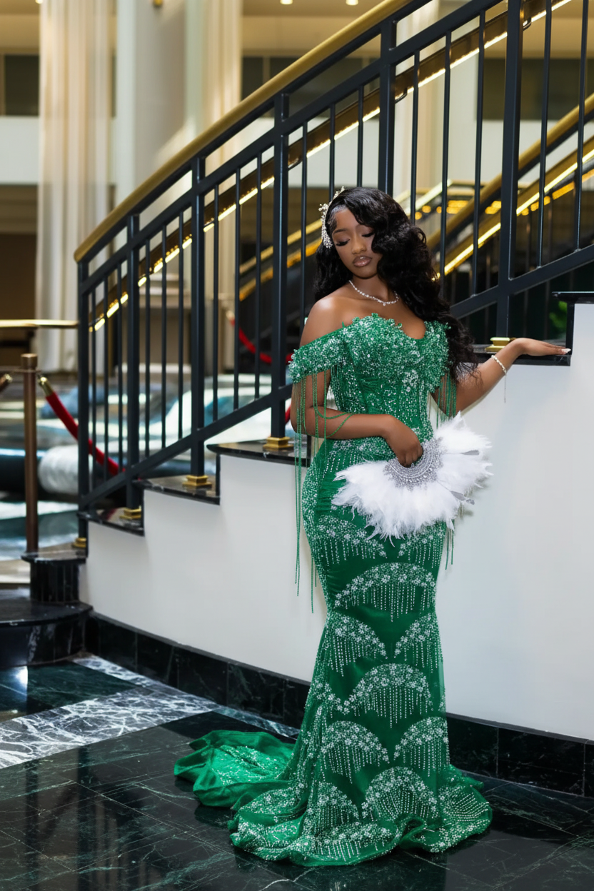 Luxury Glacial Silver Beaded Prom Dress – Crystal Fringe Mermaid Gown with Feather Accents | 2026 Couture Evening Collection