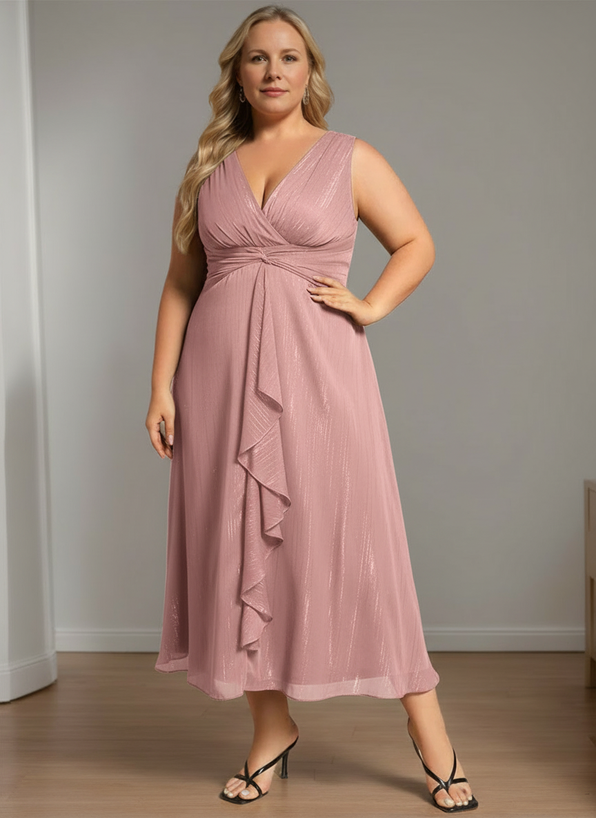 Pure Color Tea-Length Mother of the Bride Dress with V-Neck and A-Line Silhouette