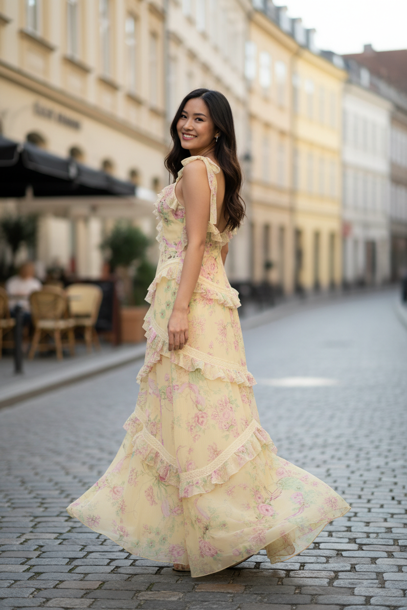Yellow Floral Print Tiered Ruffle Prom Dress with Open Back and Tie Straps