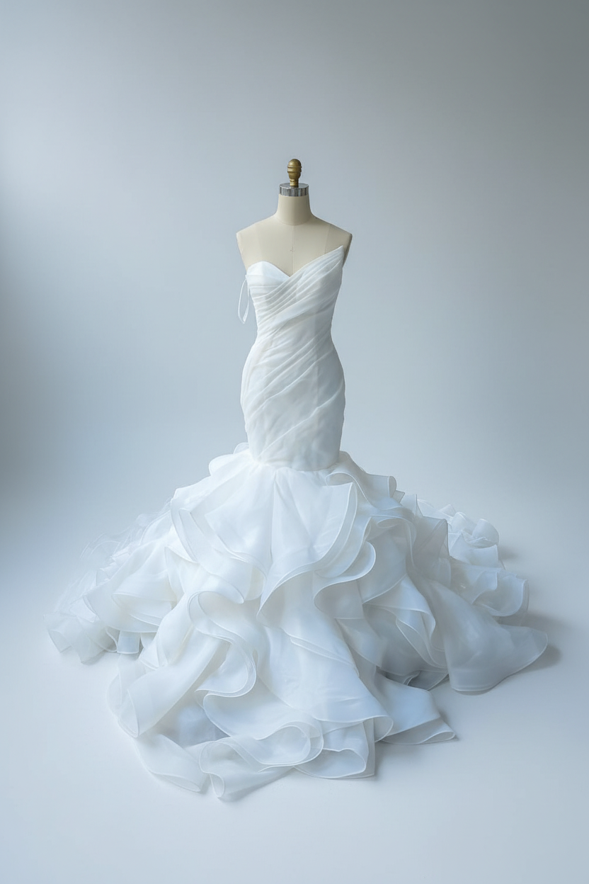 Stunning Strapless Organza Tiered Piping Mermaid Wedding Dress