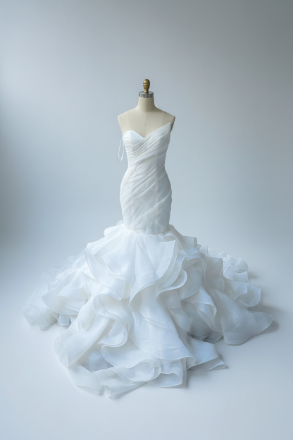Stunning Strapless Organza Tiered Piping Mermaid Wedding Dress
