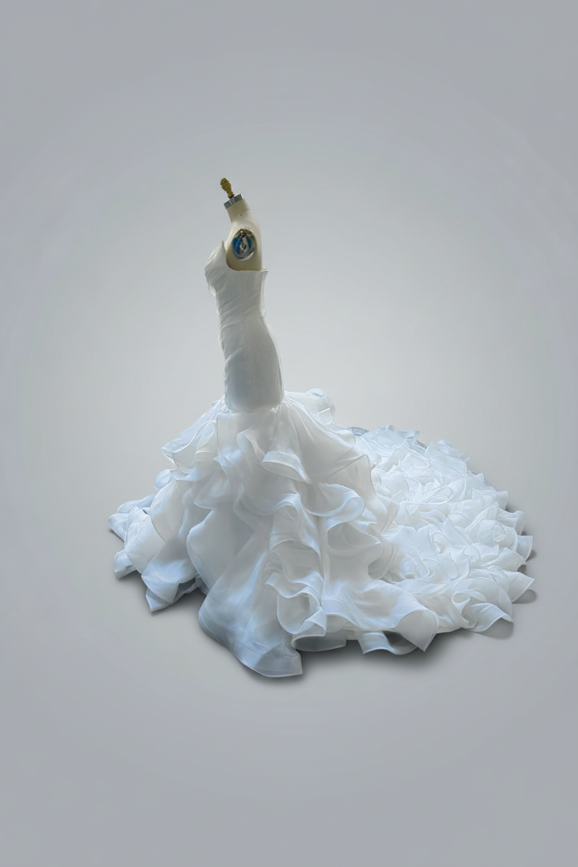 Stunning Strapless Organza Tiered Piping Mermaid Wedding Dress