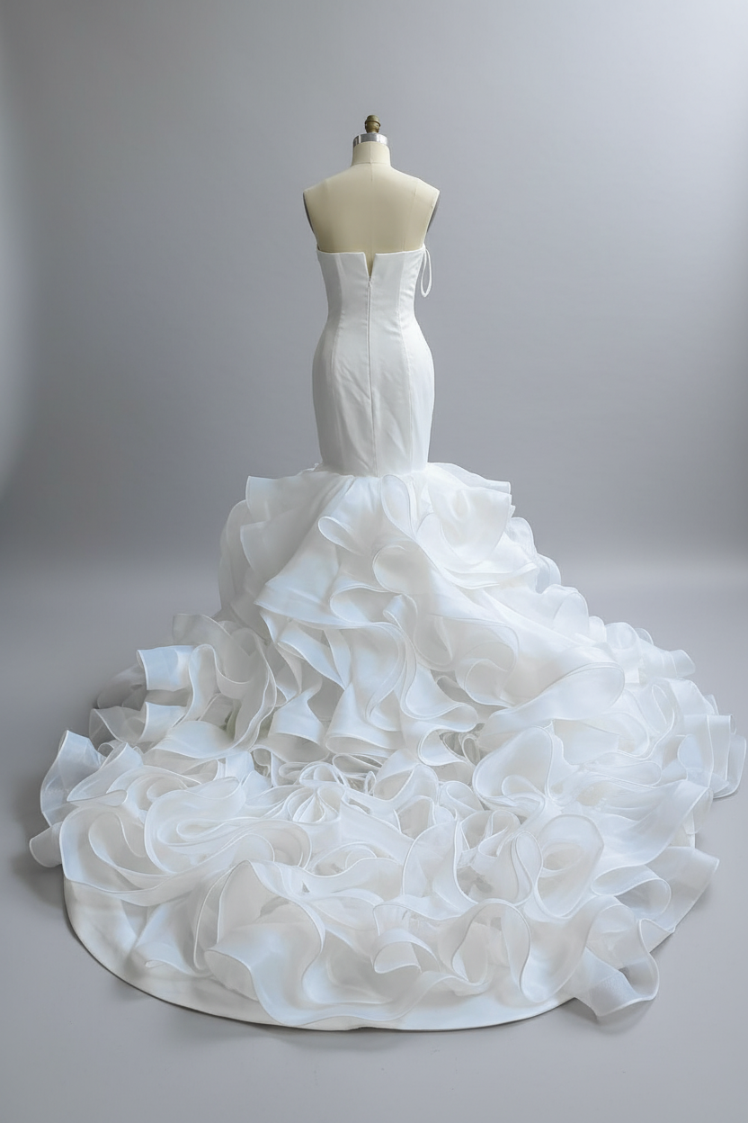 Stunning Strapless Organza Tiered Piping Mermaid Wedding Dress