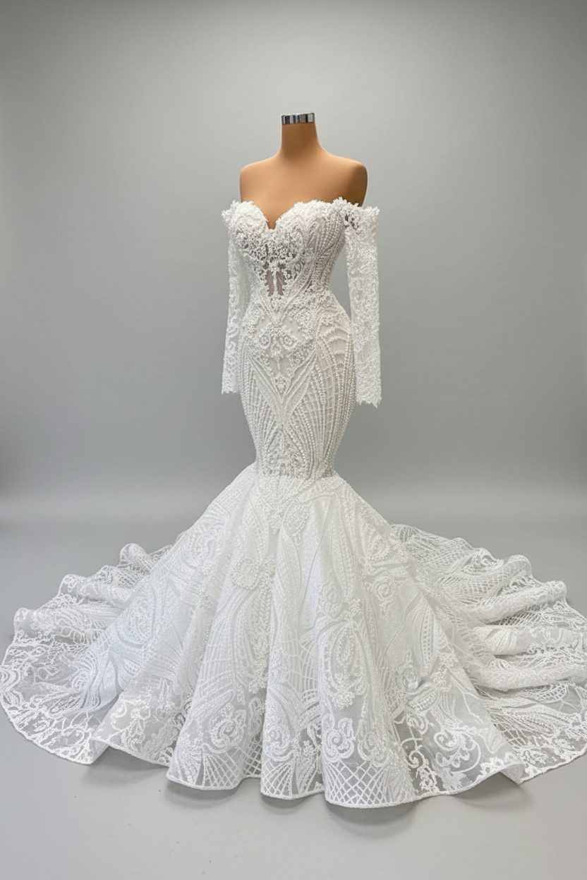 Charming long sleeve Spaghetti Mermaid Wedding Dress with Ruffles