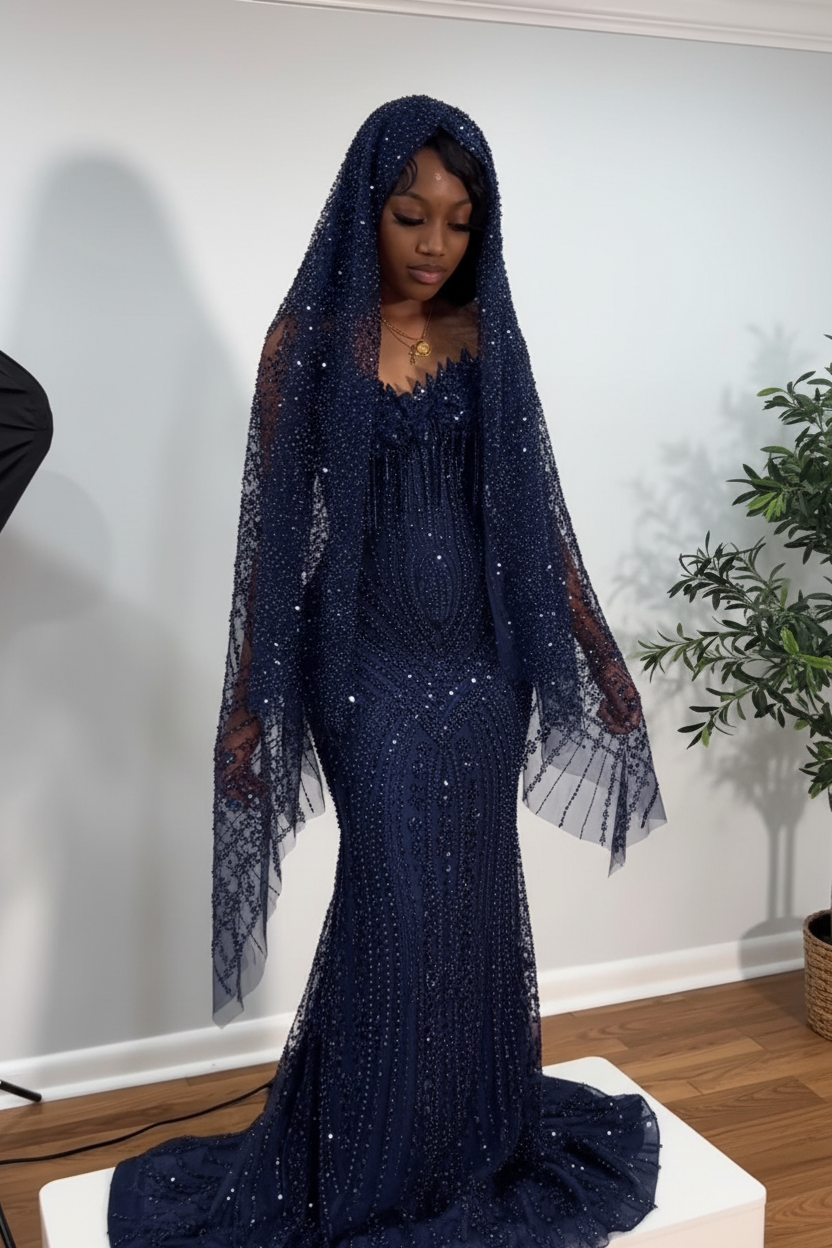 The Ruby Heiress - 2026 Hand-Beaded Crimson Mermaid Gown with Matching Crystal-Encrusted Hooded Veil