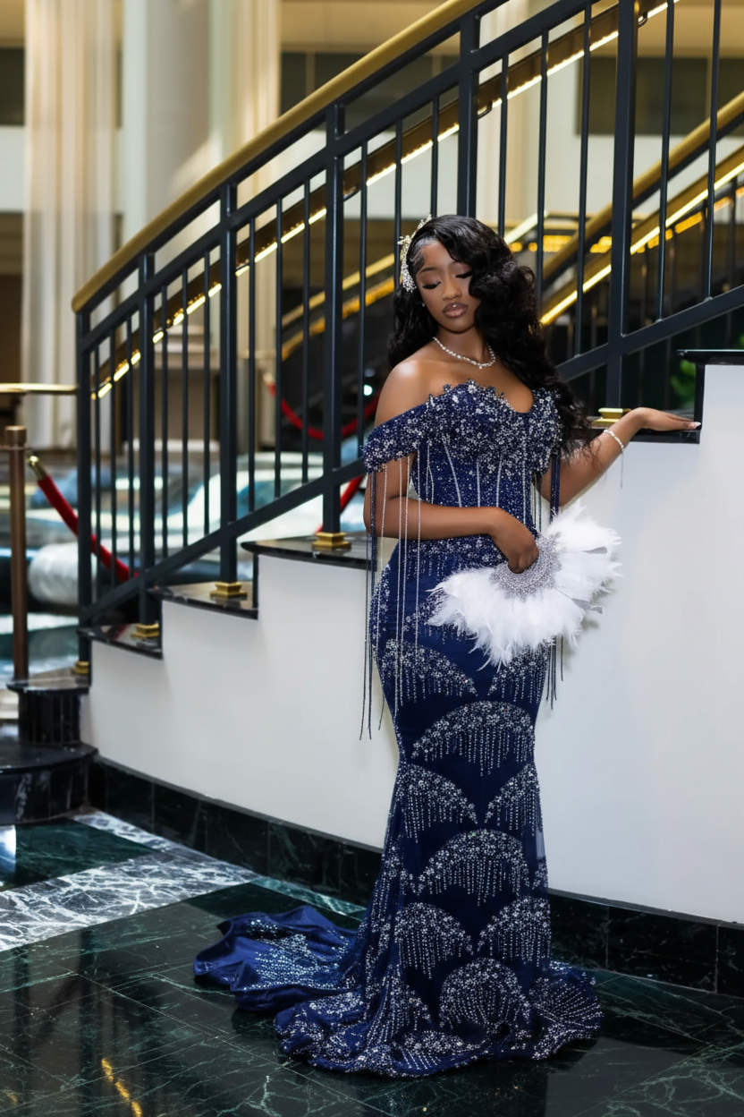 Luxury Glacial Silver Beaded Prom Dress – Crystal Fringe Mermaid Gown with Feather Accents | 2026 Couture Evening Collection