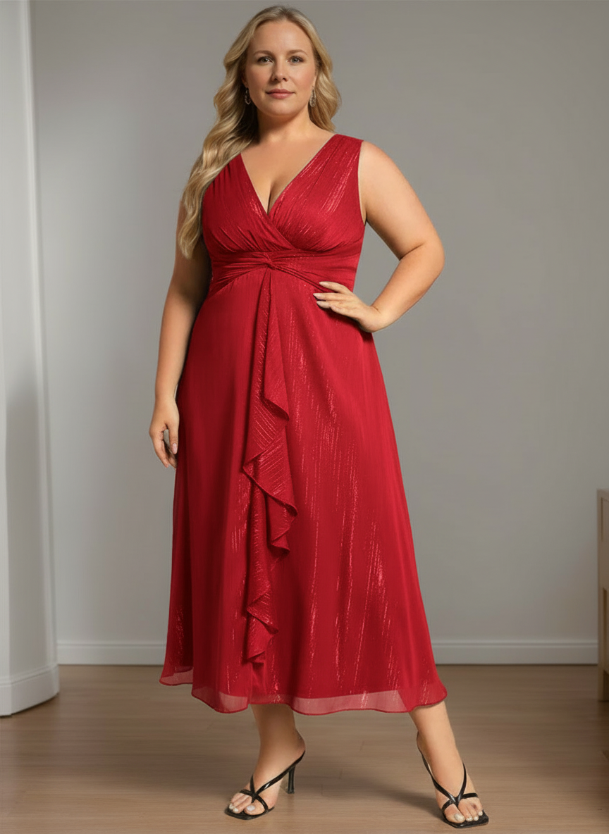 Pure Color Tea-Length Mother of the Bride Dress with V-Neck and A-Line Silhouette