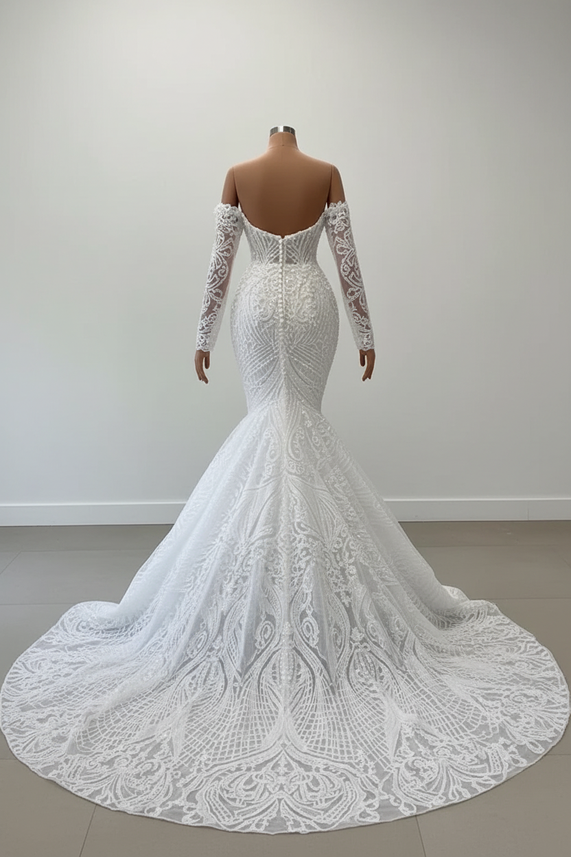 Charming long sleeve Spaghetti Mermaid Wedding Dress with Ruffles
