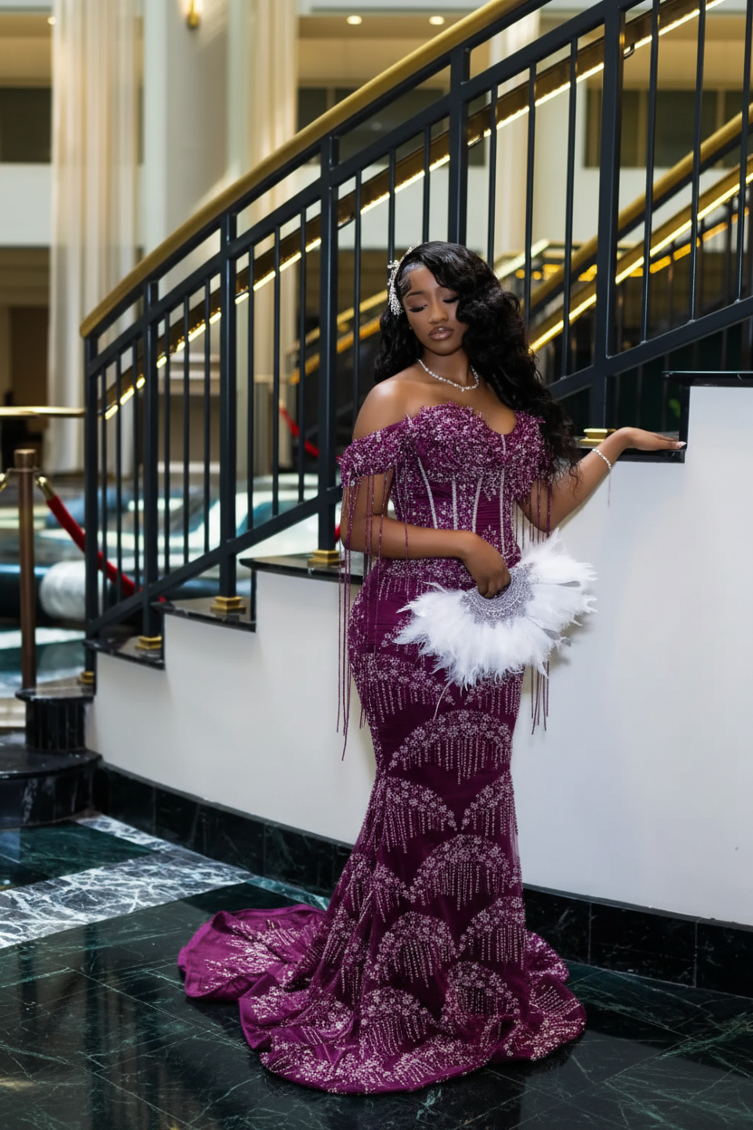 Luxury Glacial Silver Beaded Prom Dress – Crystal Fringe Mermaid Gown with Feather Accents | 2026 Couture Evening Collection