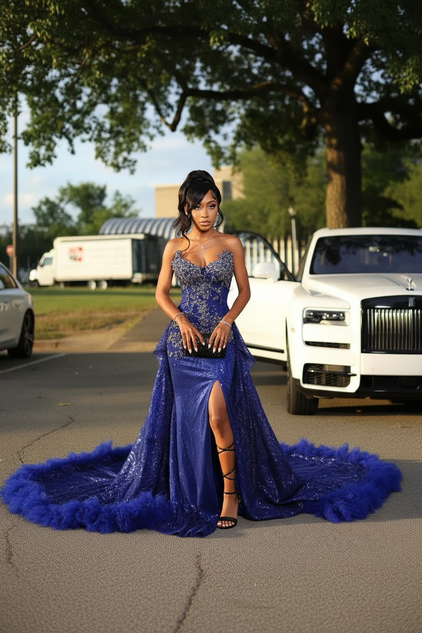 Gold Sweetheart Beaded Sparkles Court Train Flowers Prom Dresses