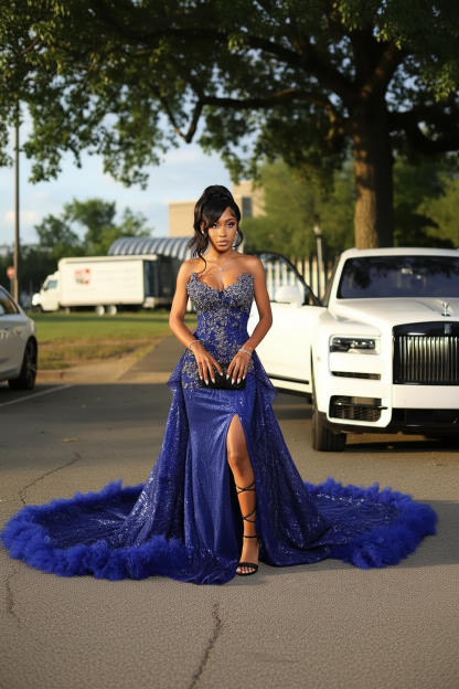 Gold Sweetheart Beaded Sparkles Court Train Flowers Prom Dresses