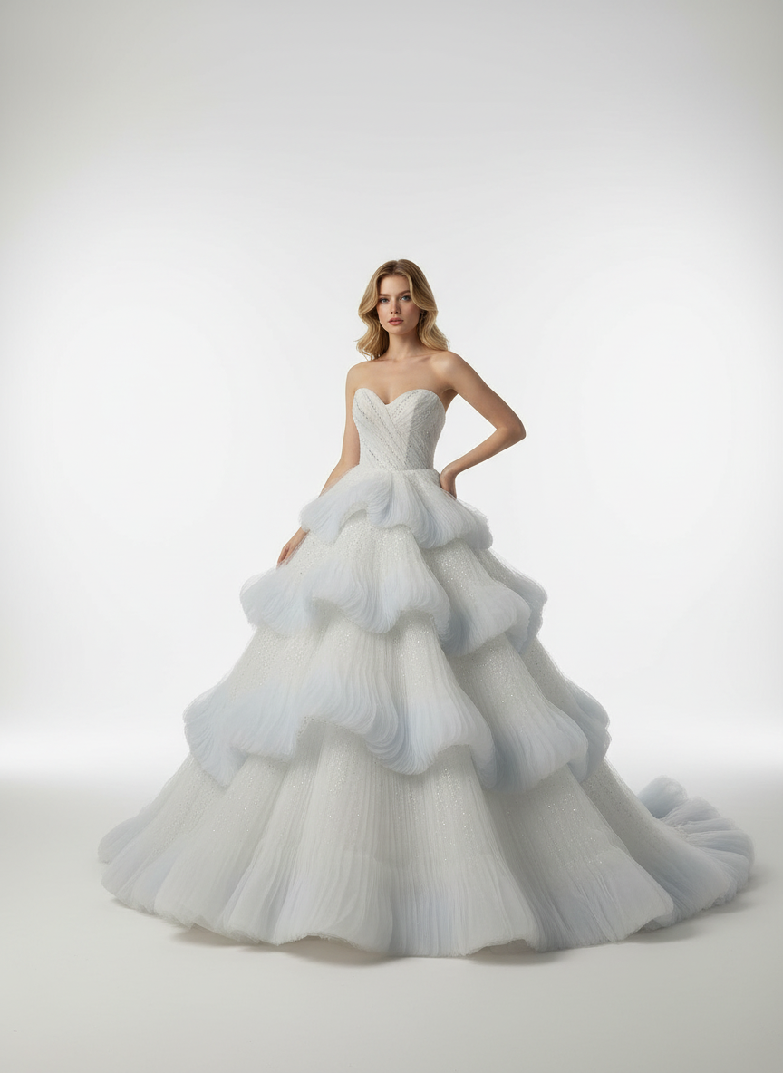 Light Blue Tiered Debutante Gown Strapless Corset Back Ruffle Wedding Dress