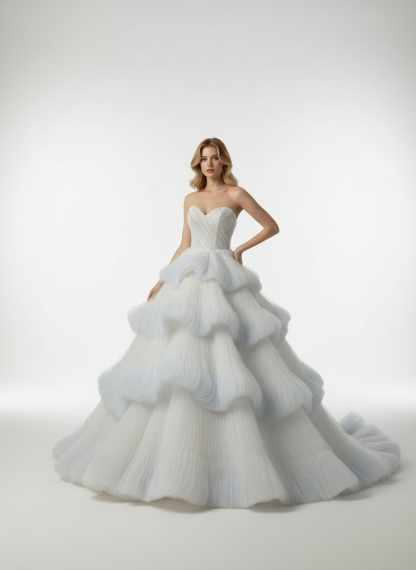 Light Blue Tiered Debutante Gown Strapless Corset Back Ruffle Wedding Dress