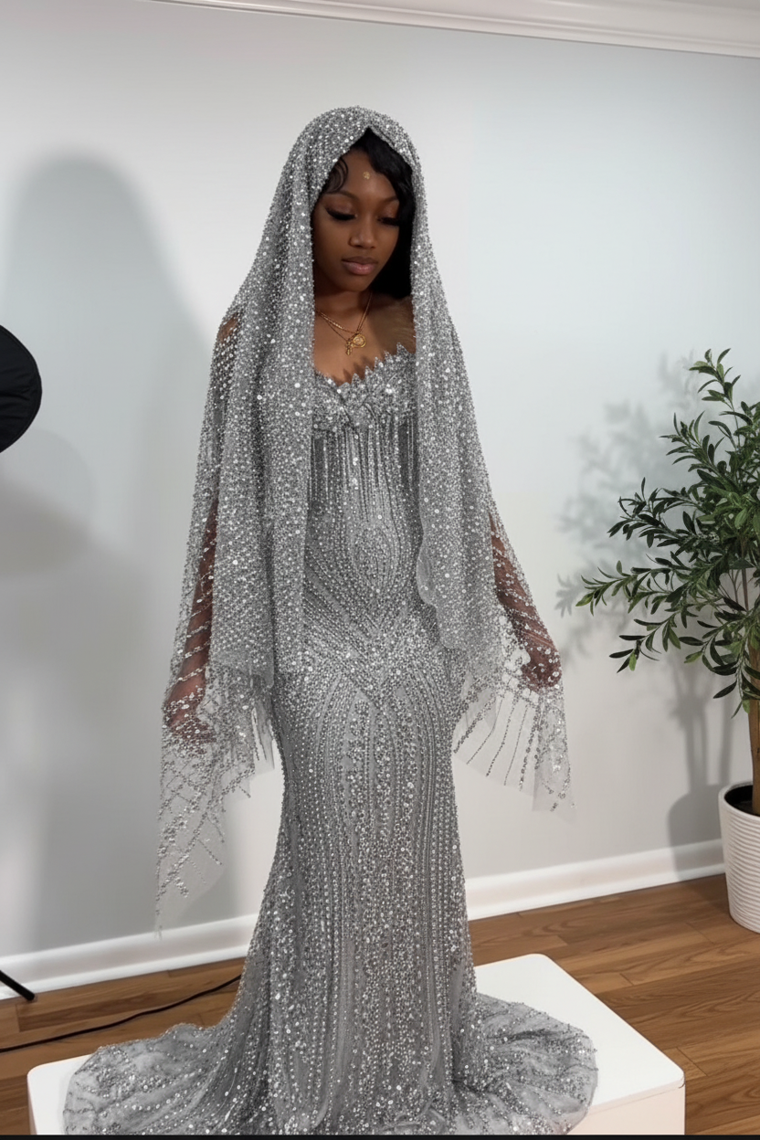 The Ruby Heiress - 2026 Hand-Beaded Crimson Mermaid Gown with Matching Crystal-Encrusted Hooded Veil