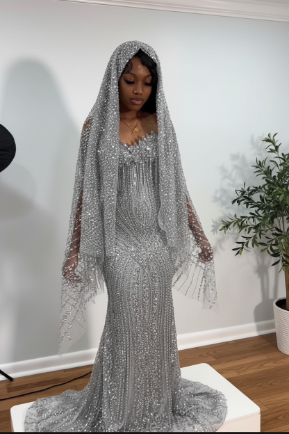 The Ruby Heiress - 2026 Hand-Beaded Crimson Mermaid Gown with Matching Crystal-Encrusted Hooded Veil